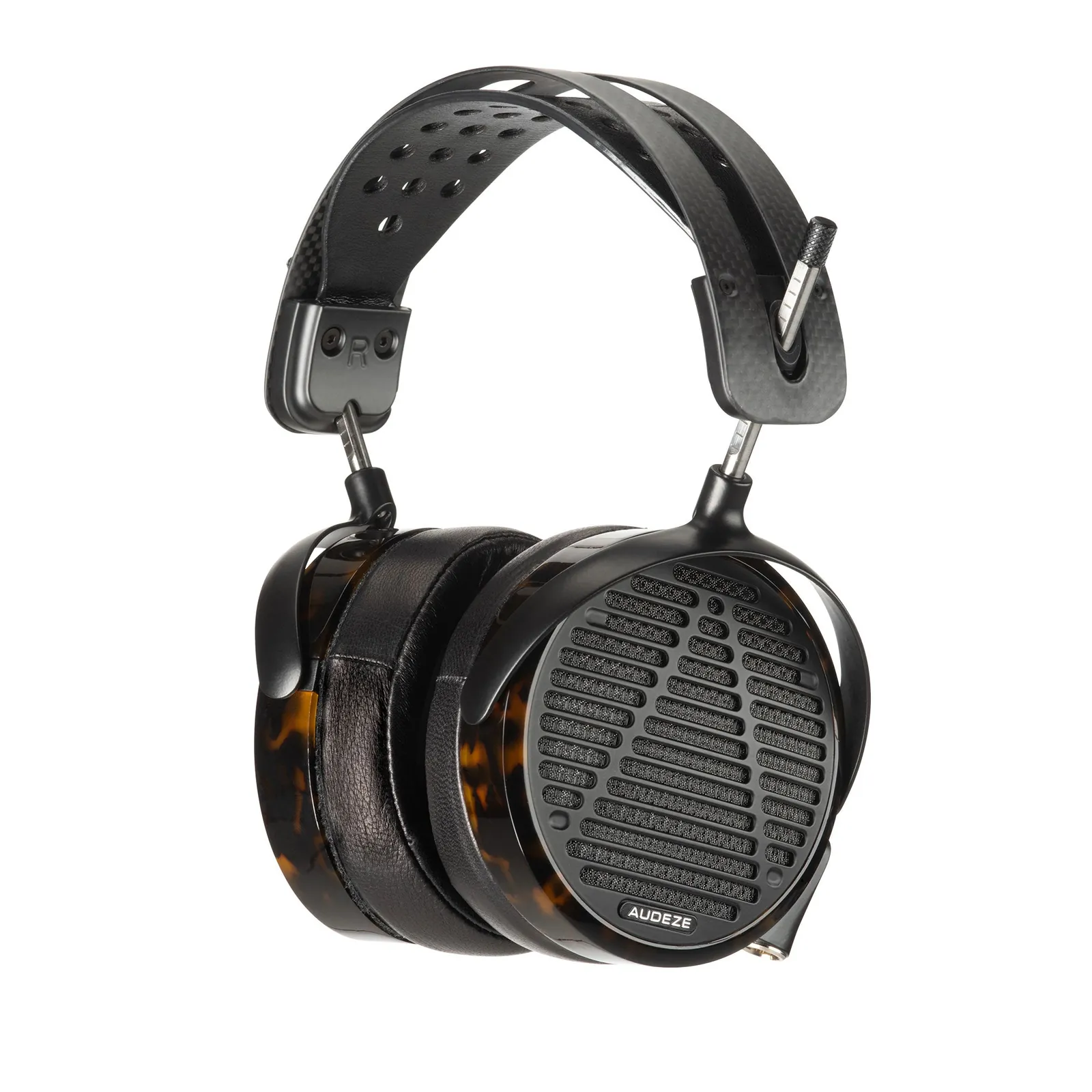 Audeze LCD-5 headphones with tortoiseshell rings, three-quarter view