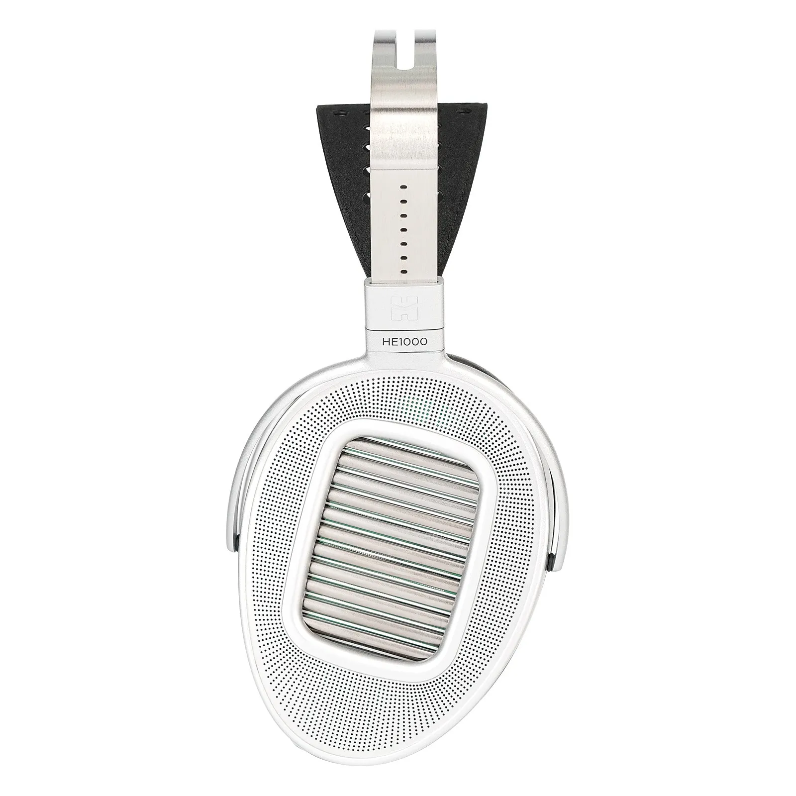 HiFiMan HE1000 Unveiled headphones with exposed window-shade grille, three-quarter view